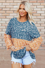 Load image into Gallery viewer, Orange Floral Color Block Ruffled Hem Round Neck Blouse