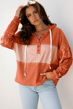 Load image into Gallery viewer, Gray Waffle Printed Patchwork Drawstring Hooded Long Sleeve Top