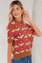 Load image into Gallery viewer, Brown Floral Short Puff Sleeve Sweater