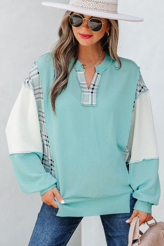 Aruba Blue Corded Texture Colorblock Patchwork Split Neck Long Sleeve Top
