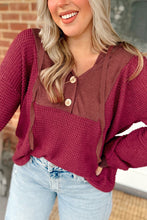Load image into Gallery viewer, Oatmeal Waffle Patchwork Drop Shoulder Hooded Long Sleeve Top