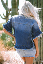 Load image into Gallery viewer, Peacock Blue Raw Edge Ruffled Short Sleeve Denim Jacket