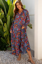 Load image into Gallery viewer, Blue Floral Print Tassel Tie V Neck Long Sleeve Flowy Long Dress