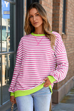 Load image into Gallery viewer, Blue Stripe Contrast Ribbed Trim Crossed Stitch Drop Shoulder Sweatshirt
