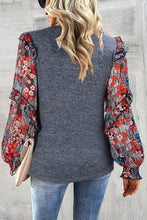 Load image into Gallery viewer, Blue Ruffle Tiered Floral Sleeve Crew Neck Blouse