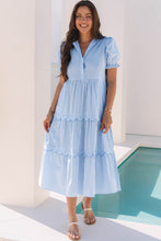 Load image into Gallery viewer, Sky Blue Stripe Bubble Short Sleeve Tiered Scallop Long Dress