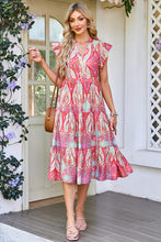 Load image into Gallery viewer, Rose Tribal Paisley Print Ruffled Sleeve Notch Neck Midi Dress
