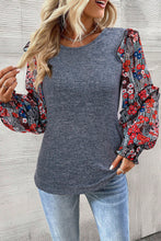 Load image into Gallery viewer, Blue Ruffle Tiered Floral Sleeve Crew Neck Blouse