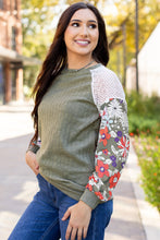 Load image into Gallery viewer, Laurel Green Floral Patchwork Long Sleeve Ribbed Blouse