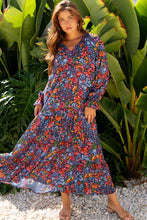 Load image into Gallery viewer, Blue Floral Print Tassel Tie V Neck Long Sleeve Flowy Long Dress