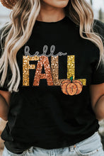 Load image into Gallery viewer, Black Hello Fall Letter Pumpkin Printed Thanksgiving T Shirt