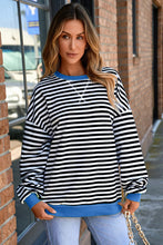 Load image into Gallery viewer, Blue Stripe Contrast Ribbed Trim Crossed Stitch Drop Shoulder Sweatshirt