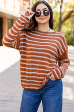 Load image into Gallery viewer, Brown Stripe Drop Shoulder Casual Sweater