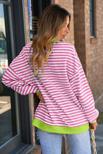 Load image into Gallery viewer, Blue Stripe Contrast Ribbed Trim Crossed Stitch Drop Shoulder Sweatshirt