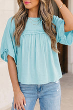 Load image into Gallery viewer, Mist Blue Tie Half Sleeve Pleated Detail Babydoll Blouse