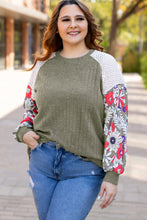 Load image into Gallery viewer, Vineyard Green Plus Size Textured Floral Patchwork Raglan Sleeve Blouse