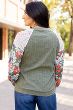 Load image into Gallery viewer, Laurel Green Floral Patchwork Long Sleeve Ribbed Blouse