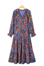 Load image into Gallery viewer, Blue Floral Print Tassel Tie V Neck Long Sleeve Flowy Long Dress