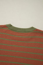 Load image into Gallery viewer, Brown Stripe Trimmed Round Neck Drop Shoulder Loose Sweater