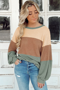 Green Stripe Textured Color Block Bubble Sleeve Baggy Top