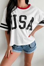 Load image into Gallery viewer, White USA Letter Printed Varsity Striped Sleeve Round Neck Tee