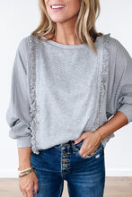 Load image into Gallery viewer, Light Grey Waffle Patchwork Long Sleeve Raw Hem Pullover Top