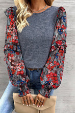 Load image into Gallery viewer, Blue Ruffle Tiered Floral Sleeve Crew Neck Blouse