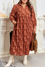 Load image into Gallery viewer, Cinnamon Plus Size Textured 3D Flower Pattern Ruffle Hem 3/4 Sleeve Long Dress