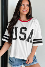 Load image into Gallery viewer, White USA Letter Printed Varsity Striped Sleeve Round Neck Tee