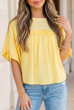 Load image into Gallery viewer, Mist Blue Tie Half Sleeve Pleated Detail Babydoll Blouse