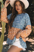 Load image into Gallery viewer, Orange Floral Color Block Ruffled Hem Round Neck Blouse