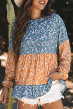 Load image into Gallery viewer, Orange Floral Color Block Ruffled Hem Round Neck Blouse