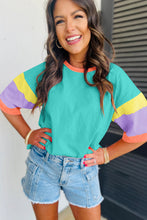 Load image into Gallery viewer, Light Blue Color Block Stitching Sleeve Round Neck Oversize Top