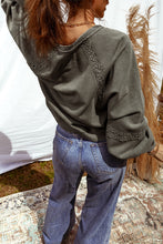 Load image into Gallery viewer, Jungle Green Lace Patchwork Detail Notched Neck Mineral Wash Baggy Sweatshirt